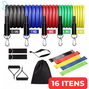 Imagem de Kit Mini Band 5 Faixa Elástica Academia Treino + Kit Extensor 11 peças