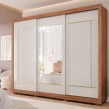 Imagem de Guarda Roupa Casal com Espelho 3 Portas de Correr e Pés em MDF Valentina Panan Móveis - Cinamomo/Off White