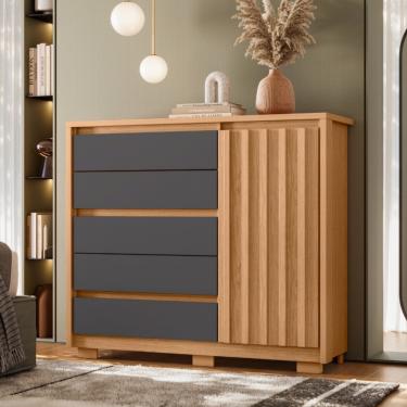 Imagem de Cômoda Ripada 5 Gavetas 1 Porta com Pés Duetto Albatroz - Freijo/Titanium