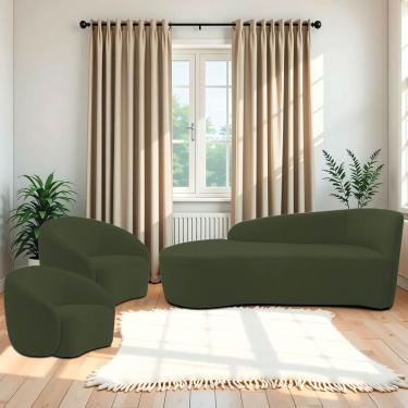 Imagem de Kit Divã Recamier Orgânico França 160cm Lado Esquerdo E 2 Poltronas Amore Linho Verde