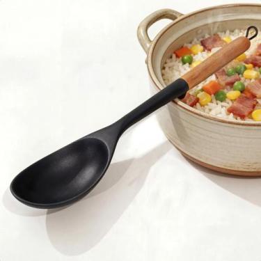 Imagem de Colher Silicone Cabo Madeira Multiuso Cozinha Misturar Servir Culinári