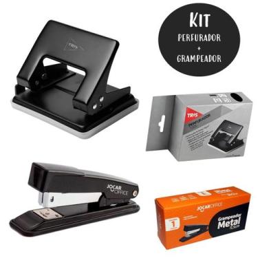 Imagem de Kit Perfurador 2 Furos + Grampeador Papel 25fls Ideal para Escritórios