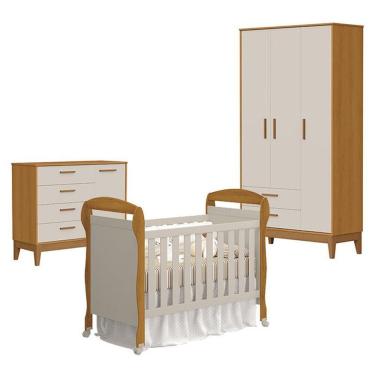 Imagem de Quarto De Bebê 3 Portas Com Cômoda Com Porta Flip E Berço Americano Danny Areia Savana Acetinado - Reller