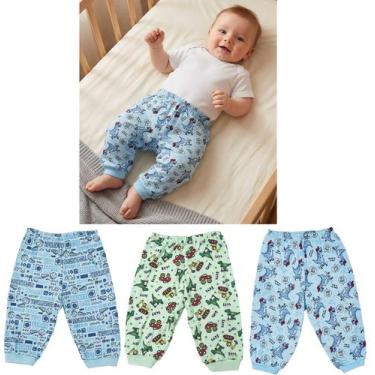 Imagem de KIT 3 CALÇAS ESTAMPADAS COM PUNHO PARA BEBÊ ÓTIMA QUALIDADE COR:2 Azul