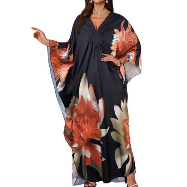 Imagem de Vestido Kaftan JILUVIN Plus Size Decote V Estampa Floral
