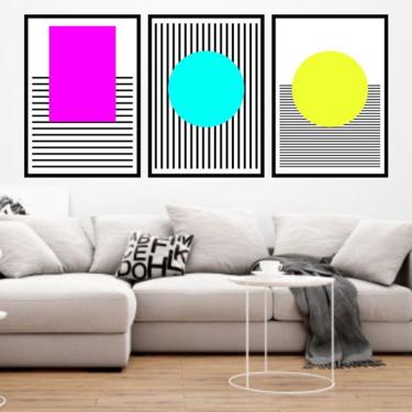 Imagem de Kit 3 Quadros Decorativos Geométrico Círculos e Listras