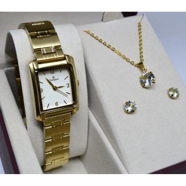 Imagem de Relogio Champion Feminino Dourado Quadrado Pequeno Ch25187e + Kit Semi Joia