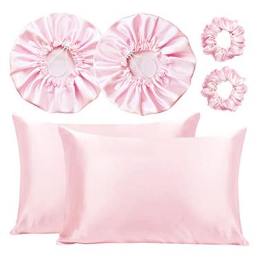 Imagem de Kit 2 Fronha De Cetim Seda + 2 Toucas + 2 Xuxinhas (Rosa-claro)