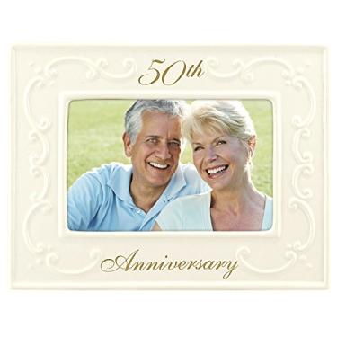 Imagem de Malden International Designs Moldura para quadro de 50º aniversário de cerâmica vitrificada com detalhes dourados, 10 x 15 cm, branca