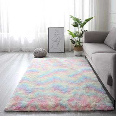 Imagem de Tapete de luxo sintético macio e quente moderno tapetes de pelúcia tapete de pilha alta tapetes de decoração de berçário feitos à mão tapete de engatinhar para cuidados com o bebê (cores do arco-íris) 50 x 81 cm