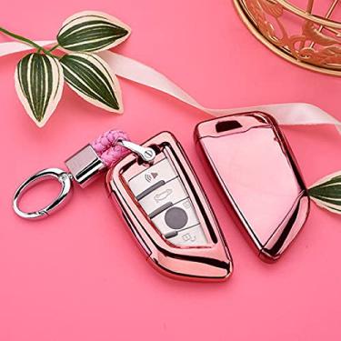 Imagem de CSHU TPU Car Key Case Cover Chaveiro Ring Key Bag, apto para BMW X5 F15 X6 F16 G30 7 G11 X1 F48 F39, rosa com chaveiro