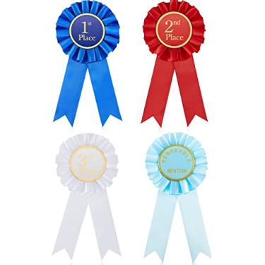 Imagem de Conjunto de 4 peças de fita de prêmio Rosette Fitas de prêmio 1º, 2º, 3º lugar e fita de prêmio de menção honrosa primeiro segundo terceiro lugar e menção honrosa fita de roseta crachá fitas fitas de medalha