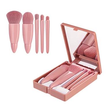 Imagem de VILENKOCH Pincéis de maquiagem para viagem, mini conjunto de 5 pincéis com espelho, pincel de pó, base líquida, corretivo, sombra, lábios, Fibra Sintética, Rosa