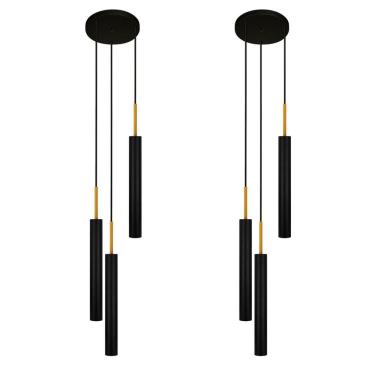 Imagem de Kit 2 Luminárias Pendente Tubo Triplo Sala Preto Dourado