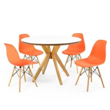 Imagem de Conjunto Mesa de Jantar Redonda Marci Premium Branca 100cm com 4 Cadeiras Eames Eiffel - Laranja