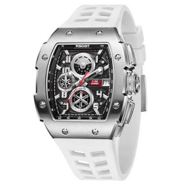 Imagem de WISHDOIT Relógio masculino multifuncional com cronógrafo de luxo Tonneau, calendário, data, luminoso, à prova d'água, Caixa prateada com pulseira branca, Corrida