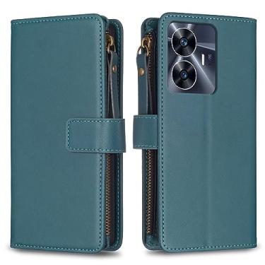 Imagem de Capa para alça de pulso Realme C55, 9 compartimentos para cartão, 1 carteira de couro com zíper, suporte flip fecho magnético bolsa de mão compatível com Realme C55 4G 6,7 polegadas (verde)