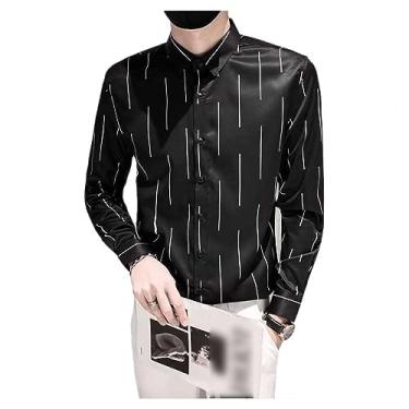 Imagem de Camisa masculina listrada sem passar a ferro, abotoada, casual, manga comprida, camiseta de praia respirável, Preto, 3G