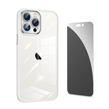 Imagem de Capa para iPhone 15 Pro Max branco fosco transparente com glitter fixo protetor de lente de câmera 1X protetor de tela de privacidade de vidro silicone capas finas à prova de deslizamento para iPhone 15promax