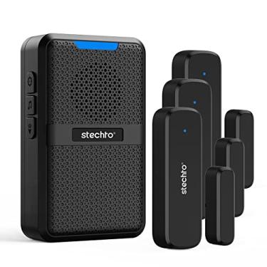 Imagem de Sino de porta sem fio, alcance de 600 m 5 volume ajustável 1 sensor magnético de contato aberto para porta com 62 campainhas de porta em modo mudo receptor plugin para casa/escritório/loja STECHRO (preto-3)