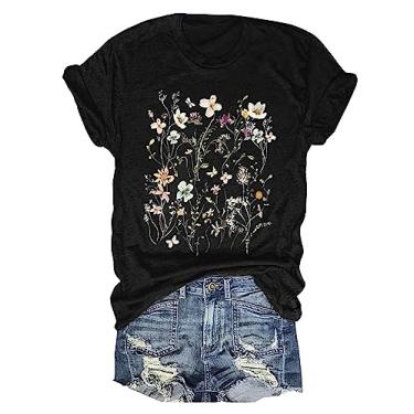 Imagem de Camiseta feminina com estampa de flores boêmias, vintage, estampa de flores silvestres, casual, botânica, manga curta, Preto - 6, XXG