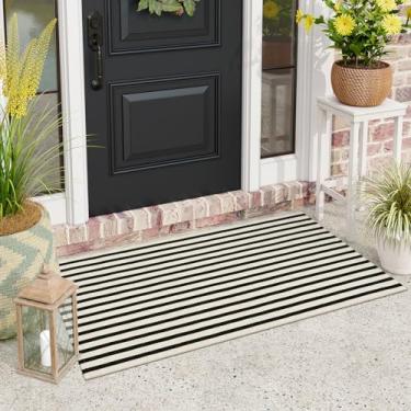 Imagem de Tapete de boas-vindas preto e branco, tecido à mão, de algodão, listrado, para varanda ao ar livre, 5 x 9 cm, lavável na máquina, reversível, tapete moderno para entrada