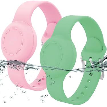 Imagem de Pulseira impermeável para crianças, pulseira de silicone compatível com Apple Air Tag, capa com suporte oculto para rastreador GPS, antiperda, ajustável, para crianças pequenas (pacote com 2, rosa e