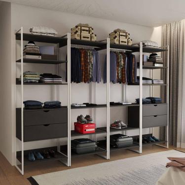 Imagem de Closet Industrial Casal Completo Loft Preto 4 Módulos Cabideiro com Gavetas Ferro Branco