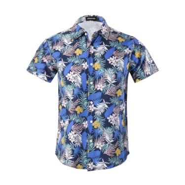 Imagem de Camisa masculina havaiana manga curta 4 vias stretch casual botão para baixo tropical floral verão praia camisa estampada, Azul Tropical, XXG