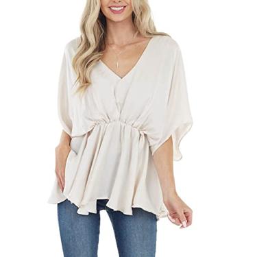 Imagem de Tops de Chiffon Com Decote Em V, Camisas de Chiffon de Manga Curta, Bainha Com Babados Macios, Combinando para Mulheres (L)