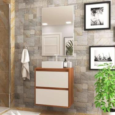 Imagem de Gabinete Para Banheiro Com Cuba E Espelheira 60cm Mdf Nogal Com Branco Dubai - On Móveis