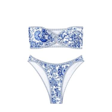 Imagem de MakeMeChic Biquíni feminino tomara que caia com recorte floral, 2 peças, sem alças, Azul, branco, M