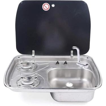 Imagem de Fogão de acampamento a gás Cooktop a gás embutido para RV Fogão a gás de 2 queimadores e 1 combinação de pia de aço inoxidável com tampa de vidro para acampamento ao ar livre Motorhome Carav
