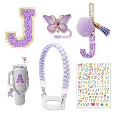 Imagem de Conjunto de acessórios de copo para Stanley Cup 850.5 g 1,134.0 g, garrafa de água, alça de copo com alça de letras, adesivos e cobertura de palha de borboleta (roxo J)