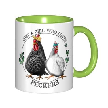 Imagem de LINKEQICHE Caneca engraçada para amantes de galinhas presente Just A Girl Who Loves Peckers café chá caneca interna e alça verde 325 ml