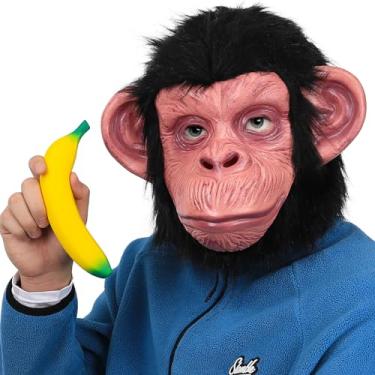 Imagem de Máscara Chimp preta de látex com cabeça inteira para fantasia de Halloween, festa, macaco + banana, grande