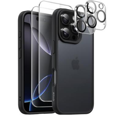 Imagem de JETech 5 em 1 Capa Fosca para iPhone 16 Pro Max 6,9 Polegadas com 2 Película Protetores de Tela de Vidro Temperado e Protetor de Lente de Câmera, Case Capinha Traseira Translúcida (Preto)