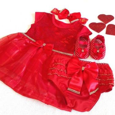 Imagem de Vestido Luxo RN à 05 Meses Renda Baby Com 4 Peças, Par Sapatinhos + Fa