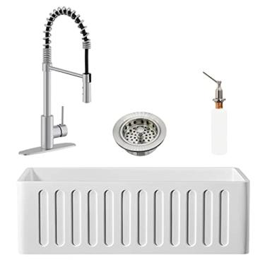 Imagem de Westbrass BK130W18A-20 Avental reversível de tigela única de 76,2 cm com acabamento de dreno, torneira de bobina aberta de função dupla e dispensador de sabão para montagem no convés em aço inoxidável