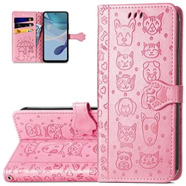Imagem de Monwutong Capa carteira de celular para Motorola Moto G53, capa de couro PU com desenho fofo de gato e cachorro com fecho magnético e slots de cartão de dinheiro capa coldre para Moto G53, CD rosa
