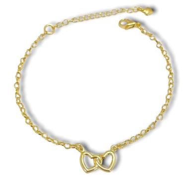 Imagem de Pulseira  Coracao Duplo e Corrente Banhada a Ouro 18k Semijoia - Dril 