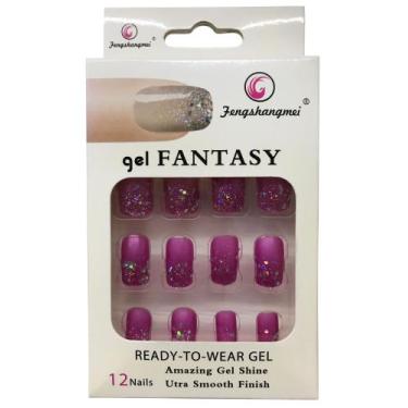 Imagem de Kit com Peças 12 Unhas Postiças Decoradas Brilho Reutilizável Tamanho 