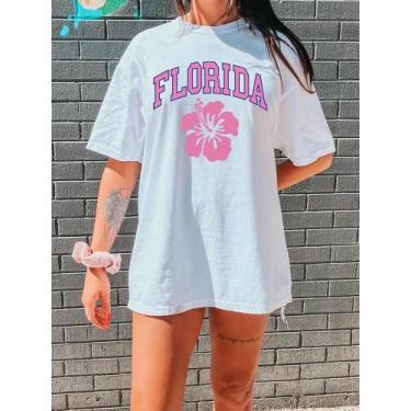 Imagem de Camiseta Oversized Florida Rosa Treino Estilosa Algodão Moda  - Marav´