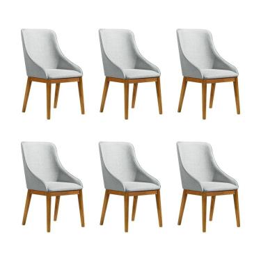 Imagem de Kit 6 Cadeiras De Jantar Luxo Estofada Elisa Anatômica Linho Cinza Base Madeira Maciça 