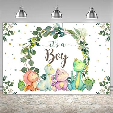 Imagem de 1,8 x 1,22 m é um menino pano de fundo chá de bebê desenho animado dinossauro cacto e folhas de eucalipto fundo fotografia suprimentos de festa infantil decoração de mesa de bolo banner adereços de cabine de fotos lembrancinhas de presente