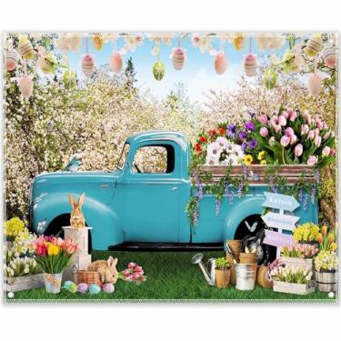Imagem de ZTHMOE 3 x 2,4 m tecido primavera Páscoa fotografia pano de fundo caminhão azul ovos coloridos flores fundo coelho tulipa floral floresta foto tapeçaria adereços cabine