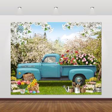 Imagem de Pano de fundo de fotografia de primavera Páscoa 3 x 2,4 m jardim azul caminhão flores floral coelho coelho ovos coloridos floresta fundo sessão de fotos crianças retrato cabine de fotos banner