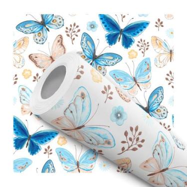 Imagem de Papel de Parede Adesivo Borboleta Azul Bege Delicado Infantil Bebê Mod