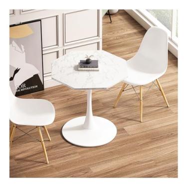 Imagem de Mesa de centro octogonal moderna de 80 cm com tampo de mesa de mármore preto impresso, base de metal, para sala de jantar, cozinha, sala de estar (branco mármore)
