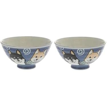 Imagem de Conjunto de tigelas de arroz de cerâmica japonesa Shiba Dog Blue 12 cm de diâmetro Mino Ware Chawan conjunto de 2 tigelas do Japão (azul)